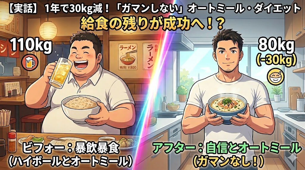 【実体験】110kg→80kg！お酒もランチも我慢しない「頑張らないオートミール生活」の全記録